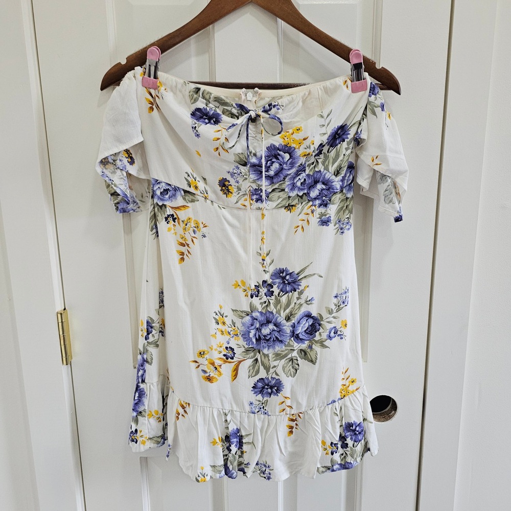 Forever 21 Womens White Purple Floral Off Shoulder Ruffle Mini Dress Small